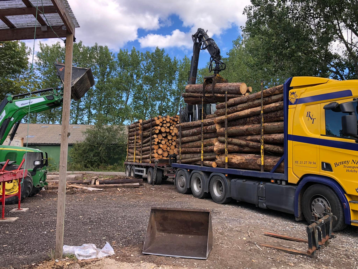 Lastbil med kran læsser træstammer af på MH Brændes plads