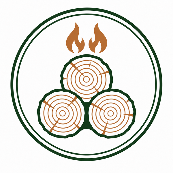 MH Brænde logo — tre kløvede træstammer med flammer i en cirkel